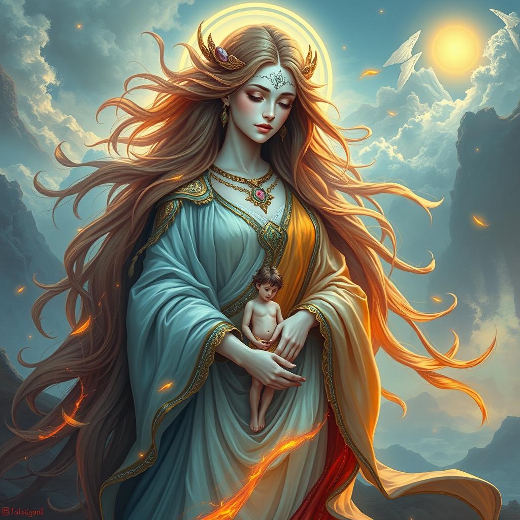 An enchanting fantasy artwork titled 'Tears of Six', featuring a beautiful goddess at the forefront, embodying the essence of six elements: stone, water, fire, air, sun, and a human figure shyly standing in the middle of the goddess