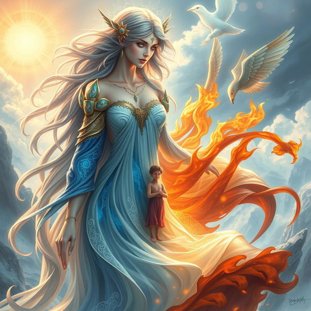 An enchanting fantasy artwork titled 'Tears of Six', featuring a beautiful goddess at the forefront, embodying the essence of six elements: stone, water, fire, air, sun, and a human figure shyly standing in the middle of the goddess