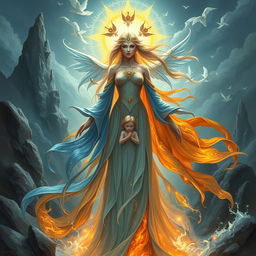 An enchanting fantasy artwork titled 'Tears of Six', featuring a beautiful goddess at the forefront, embodying the essence of six elements: stone, water, fire, air, sun, and a human figure shyly standing in the middle of the goddess