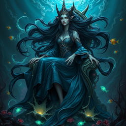 A majestic and ethereal Queen of the Abyss, adorned in flowing dark blue and black robes that shimmer like water at night, with intricate silver patterns reminiscent of waves