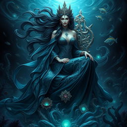 A majestic and ethereal Queen of the Abyss, adorned in flowing dark blue and black robes that shimmer like water at night, with intricate silver patterns reminiscent of waves