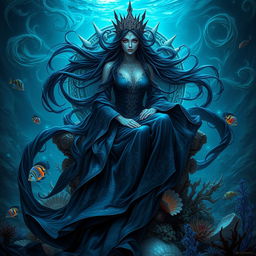 A majestic and ethereal Queen of the Abyss, adorned in flowing dark blue and black robes that shimmer like water at night, with intricate silver patterns reminiscent of waves