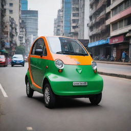 An eco-friendly compact car from Bangladesh, designed for urban mobility, showcasing modern design cues, vibrant colors and high-tech features, driving through the dynamic and busy streets of Dhaka with its diverse cityscape in the backdrop