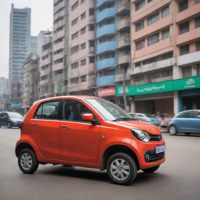 An eco-friendly compact car from Bangladesh, designed for urban mobility, showcasing modern design cues, vibrant colors and high-tech features, driving through the dynamic and busy streets of Dhaka with its diverse cityscape in the backdrop