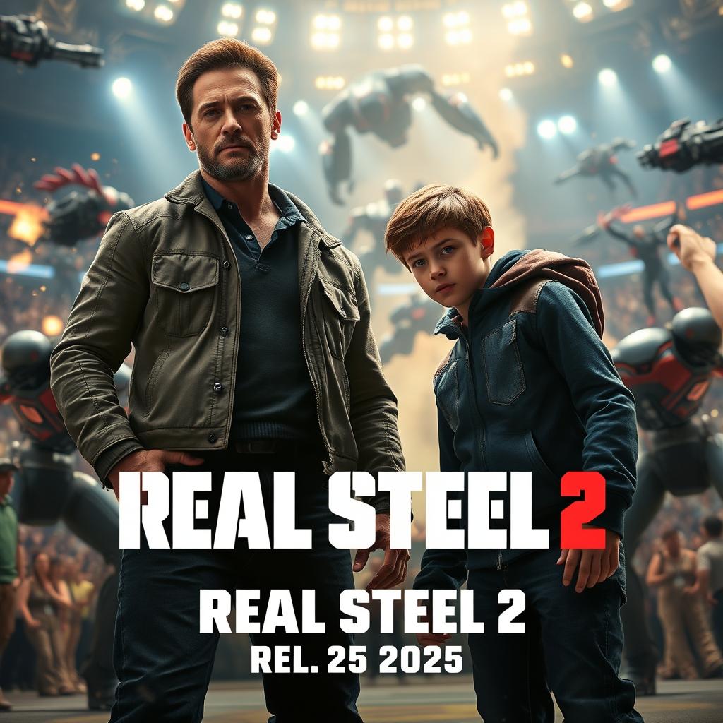 A dynamic teaser trailer scene for the awaited movie 'Real Steel 2', featuring the main characters, Charlie Kenton played by Hugh Jackman and his son Max portrayed by Tye Sheridan