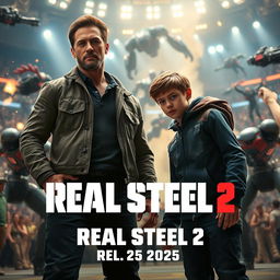 A dynamic teaser trailer scene for the awaited movie 'Real Steel 2', featuring the main characters, Charlie Kenton played by Hugh Jackman and his son Max portrayed by Tye Sheridan