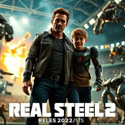 A dynamic teaser trailer scene for the awaited movie 'Real Steel 2', featuring the main characters, Charlie Kenton played by Hugh Jackman and his son Max portrayed by Tye Sheridan