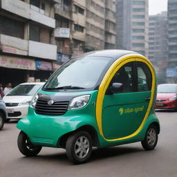 An eco-friendly compact car from Bangladesh, designed for urban mobility, showcasing modern design cues, vibrant colors and high-tech features, driving through the dynamic and busy streets of Dhaka with its diverse cityscape in the backdrop