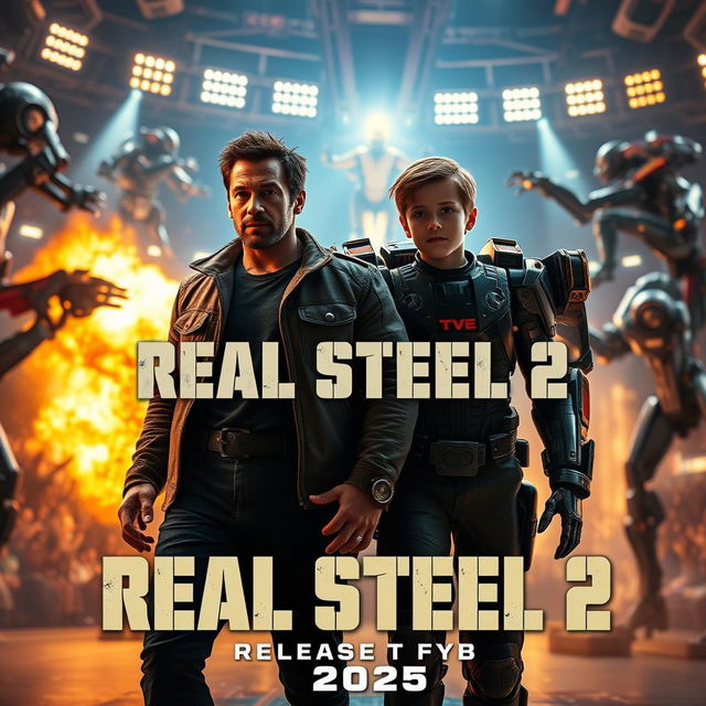 A dynamic teaser trailer scene for the awaited movie 'Real Steel 2', featuring the main characters, Charlie Kenton played by Hugh Jackman and his son Max portrayed by Tye Sheridan