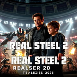 A dynamic teaser trailer scene for the awaited movie 'Real Steel 2', featuring the main characters, Charlie Kenton played by Hugh Jackman and his son Max portrayed by Tye Sheridan
