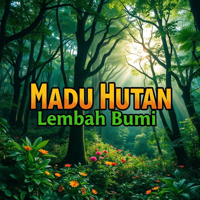 A T-shirt design featuring the phrase 'Madu Hutan Lembah Bumi' integrated into a beautiful nature forest theme