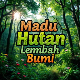A T-shirt design featuring the phrase 'Madu Hutan Lembah Bumi' integrated into a beautiful nature forest theme
