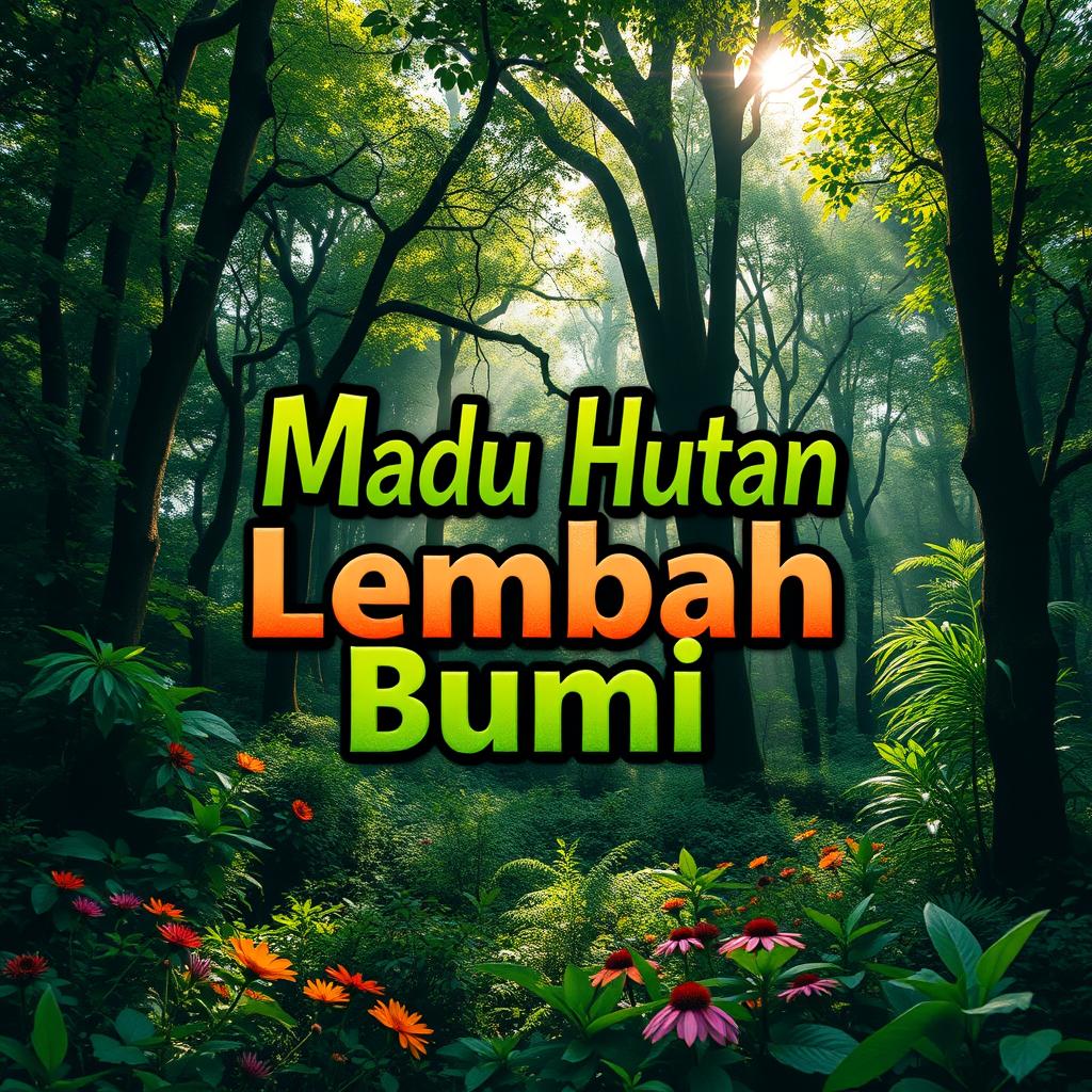 A T-shirt design featuring the phrase 'Madu Hutan Lembah Bumi' integrated into a beautiful nature forest theme