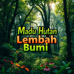 A T-shirt design featuring the phrase 'Madu Hutan Lembah Bumi' integrated into a beautiful nature forest theme