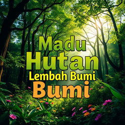 A T-shirt design featuring the phrase 'Madu Hutan Lembah Bumi' integrated into a beautiful nature forest theme