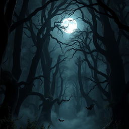 A dark, gothic forest at night, with towering, twisted trees and an eerie atmosphere
