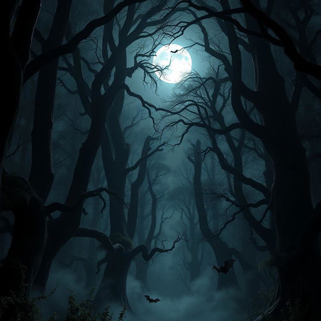 A dark, gothic forest at night, with towering, twisted trees and an eerie atmosphere