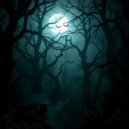 A dark, gothic forest at night, with towering, twisted trees and an eerie atmosphere