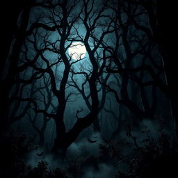 A dark, gothic forest at night, with towering, twisted trees and an eerie atmosphere