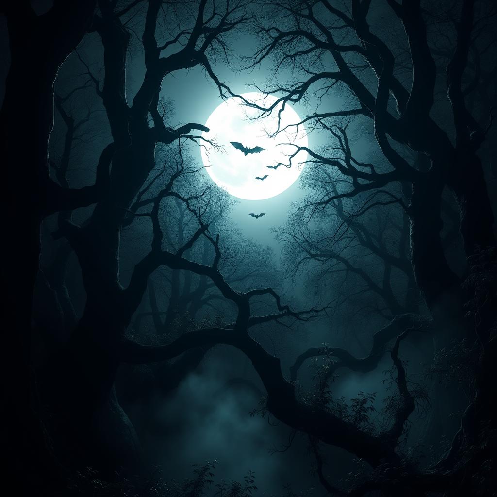 A dark, gothic forest at night, with towering, twisted trees and an eerie atmosphere