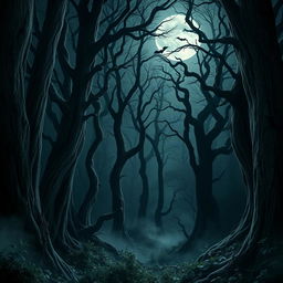 A dark and enchanting gothic forest at night, featuring towering, twisted trees with intricate bark patterns
