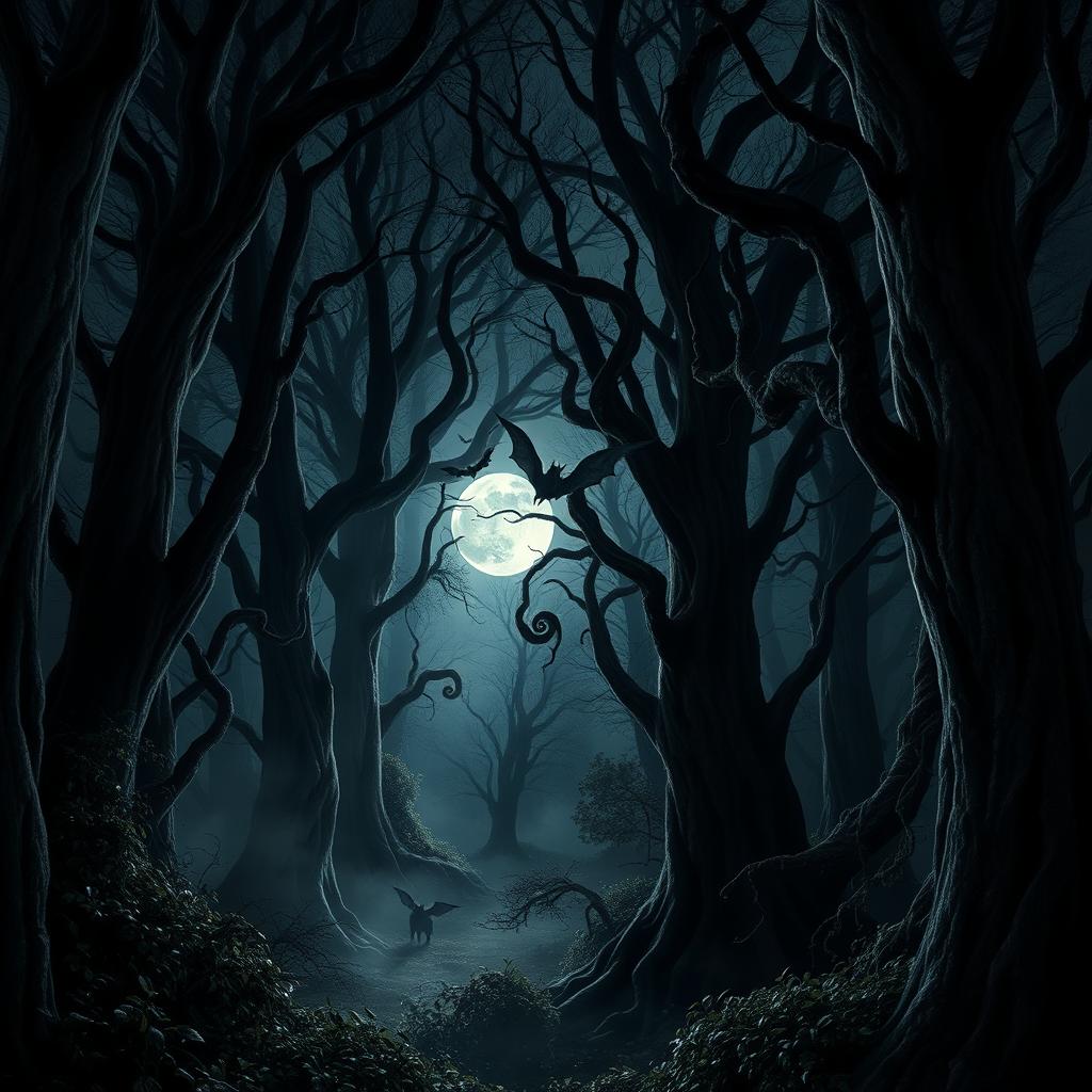 A dark and enchanting gothic forest at night, featuring towering, twisted trees with intricate bark patterns