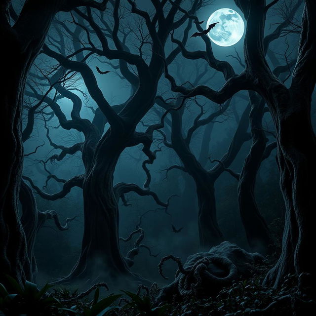 A dark and enchanting gothic forest at night, featuring towering, twisted trees with intricate bark patterns