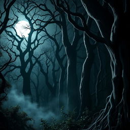 A dark and enchanting gothic forest at night, featuring towering, twisted trees with intricate bark patterns