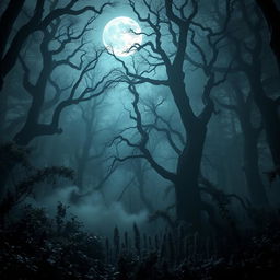 A captivating gothic forest bathed in the luminous glow of a bright, full moon