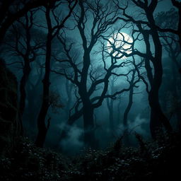 A captivating gothic forest bathed in the luminous glow of a bright, full moon