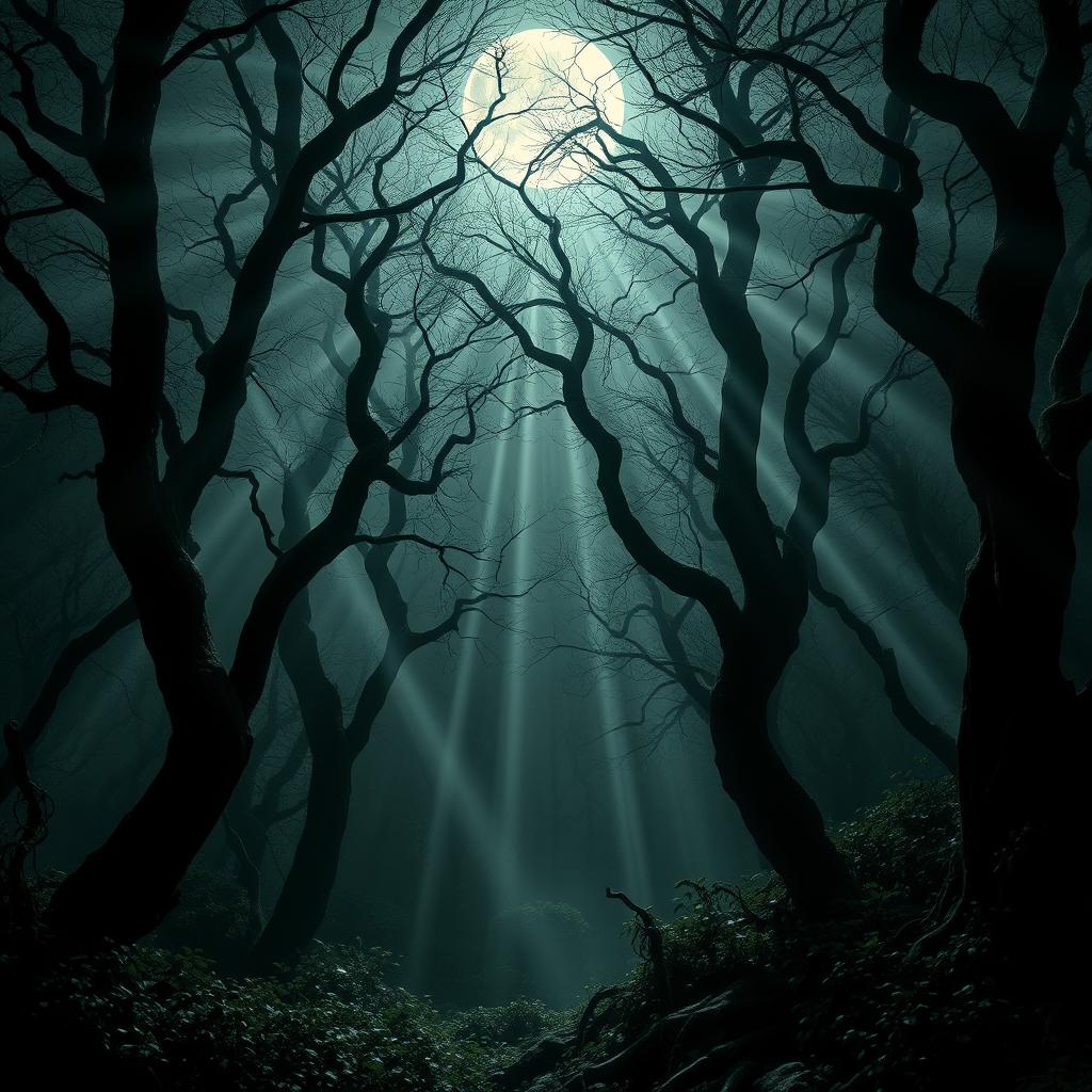 An atmospheric gothic forest illuminated under the radiant light of a bright, full moon