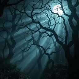 An atmospheric gothic forest illuminated under the radiant light of a bright, full moon