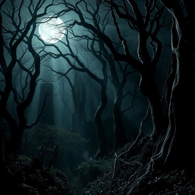 An atmospheric gothic forest illuminated under the radiant light of a bright, full moon