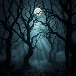 An atmospheric gothic forest illuminated under the radiant light of a bright, full moon