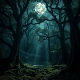 A mesmerizing gothic forest under the enchanting light of a bright, full moon