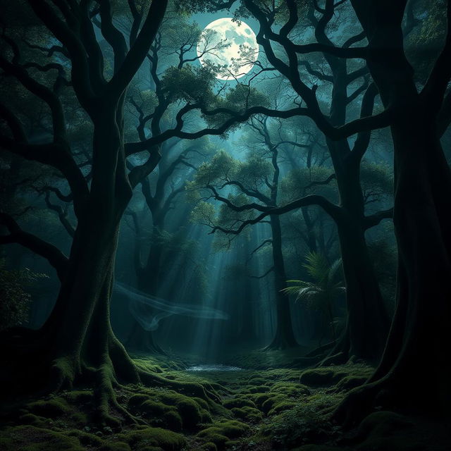 A mesmerizing gothic forest under the enchanting light of a bright, full moon