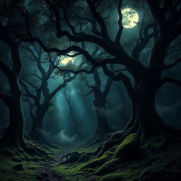 A mesmerizing gothic forest under the enchanting light of a bright, full moon