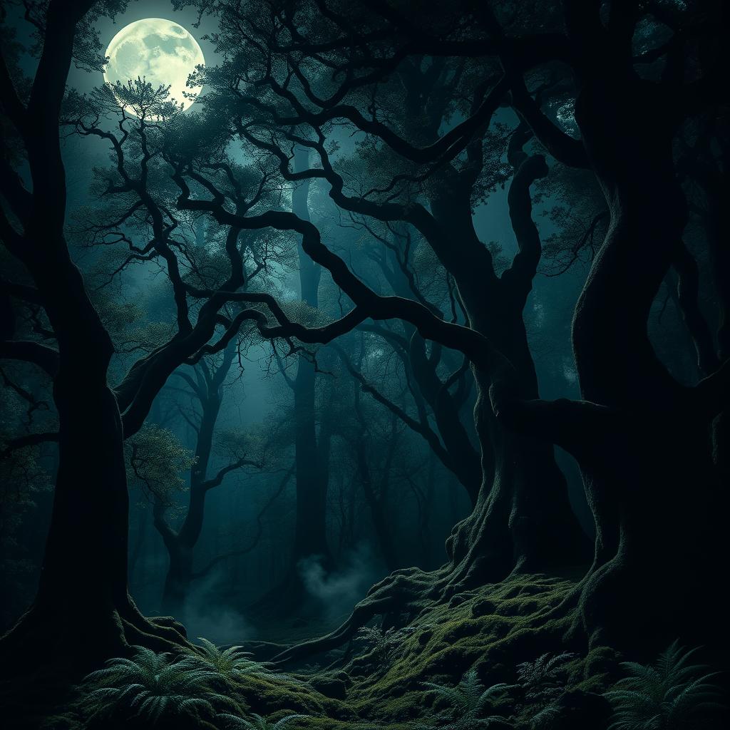 A mesmerizing gothic forest under the enchanting light of a bright, full moon