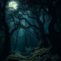 A mesmerizing gothic forest under the enchanting light of a bright, full moon