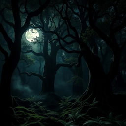 A mesmerizing gothic forest under the enchanting light of a bright, full moon