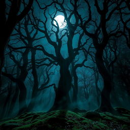 A striking gothic forest illuminated by the radiant light of a bright, full moon