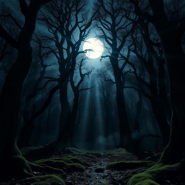 A striking gothic forest illuminated by the radiant light of a bright, full moon