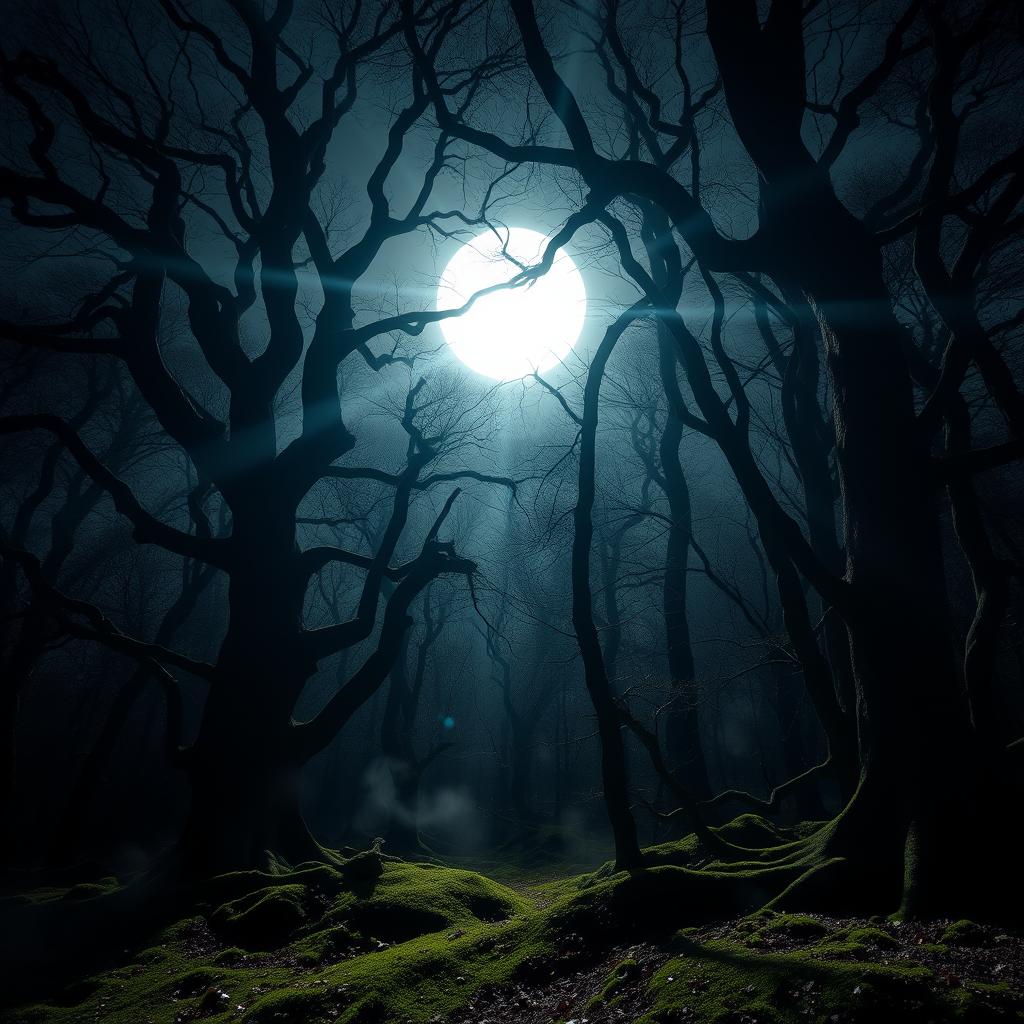 A striking gothic forest illuminated by the radiant light of a bright, full moon