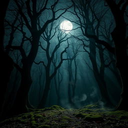 A striking gothic forest illuminated by the radiant light of a bright, full moon