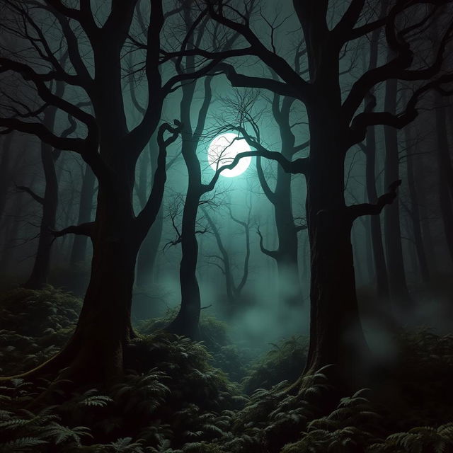 A captivating gothic forest bathed in the luminous glow of a bright, full moon