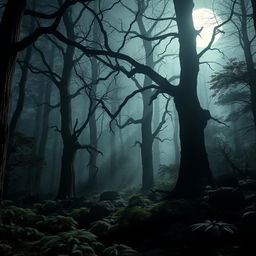 A captivating gothic forest bathed in the luminous glow of a bright, full moon