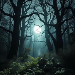 A captivating gothic forest bathed in the luminous glow of a bright, full moon