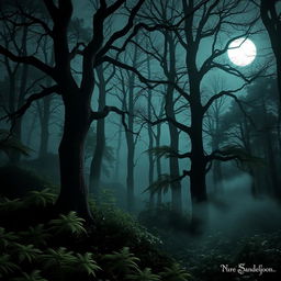 A captivating gothic forest bathed in the luminous glow of a bright, full moon