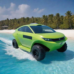 A futuristic amphibious vehicle from the Maldives capable of navigating both land and sea