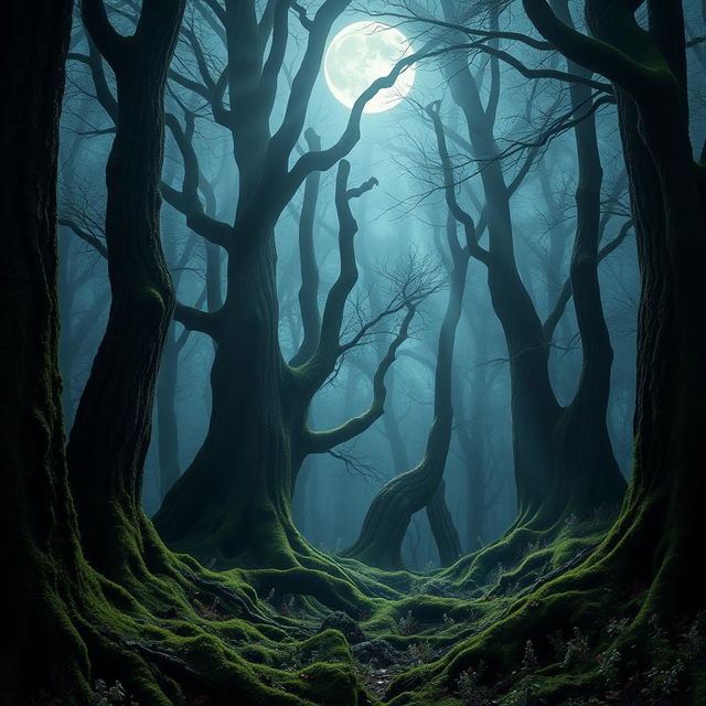 An enchanting gothic forest illuminated by the bright, full moon